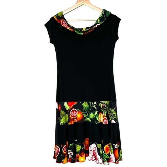 JOSEPH RIBKOFF Tropical Fruit Print Dress Cap Sleeves Popover Style Cowl Neck 8 - Picture 3 of 9